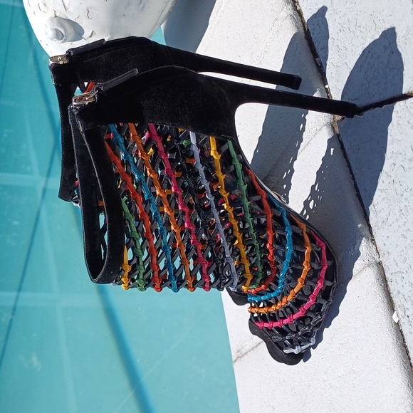 GUCCI caged PRIDE woven leather booties peeptoe heels 37 7 Rainbow - Picture 3 of 17